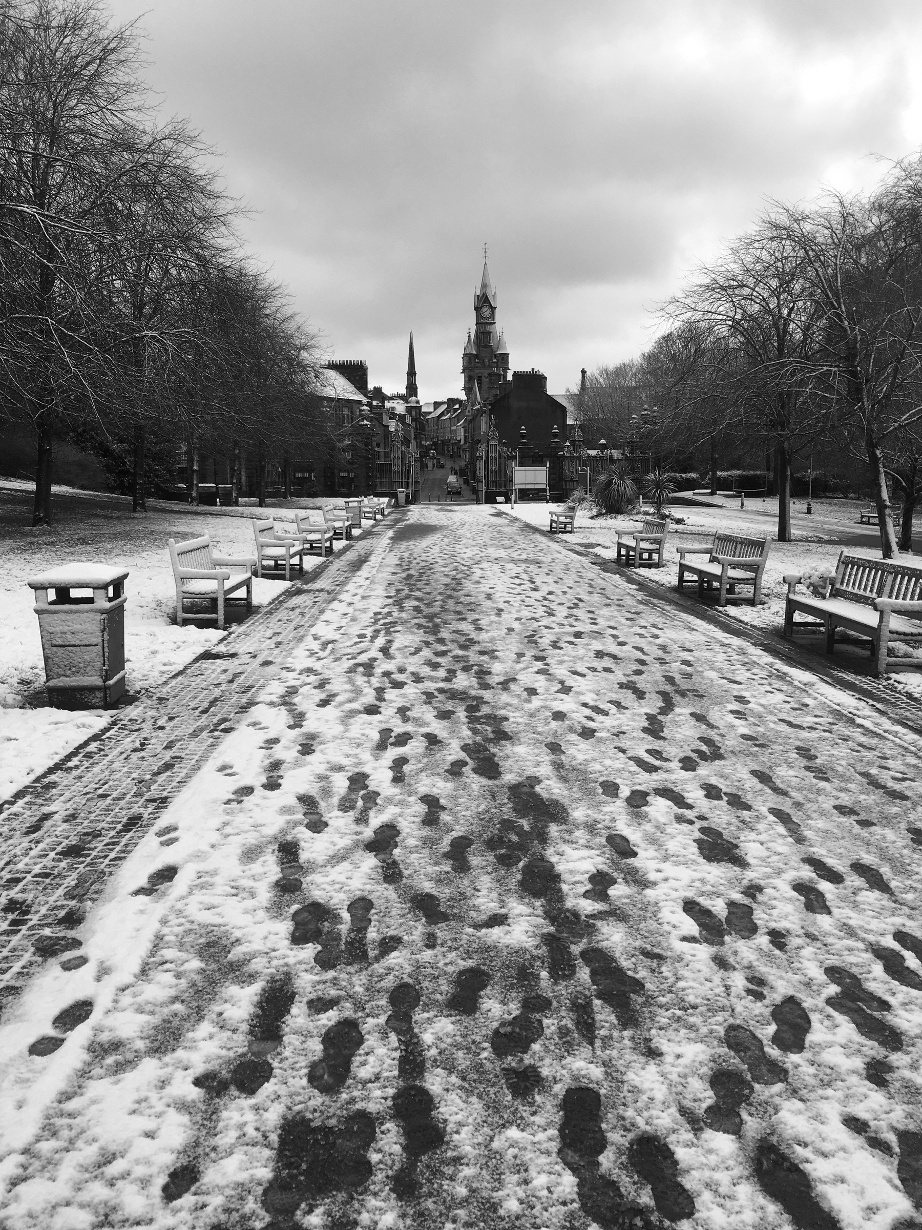 Snowy path in the park with footprints